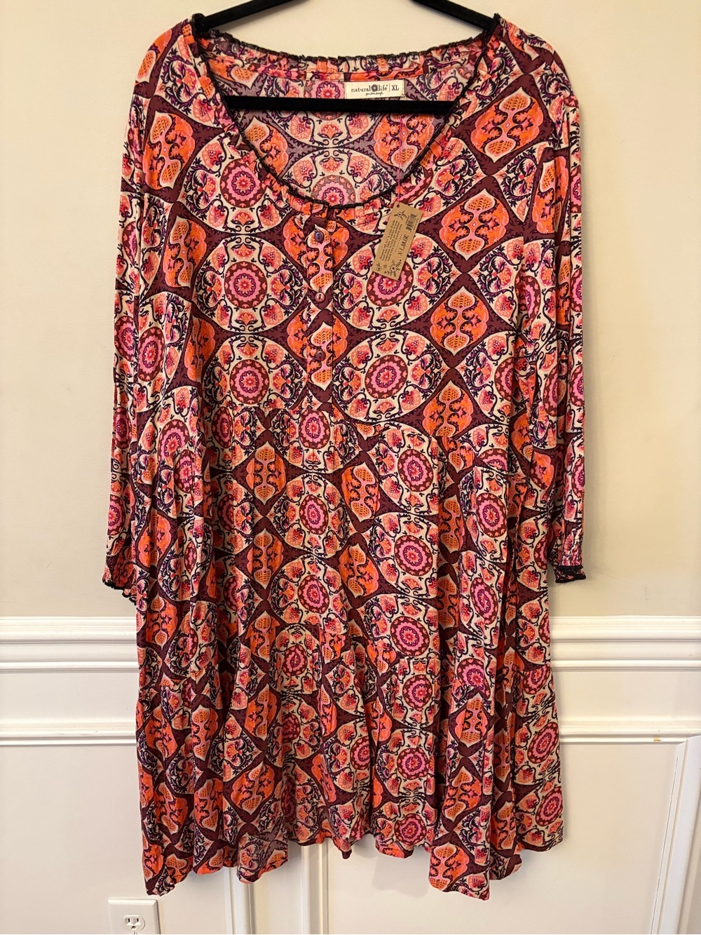 NATURAL LIFE Long Sleeve Medallion Print Swing Dress in Orange & Pink